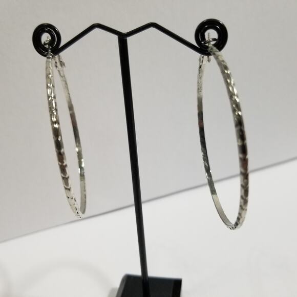 silver tone pierce round hoop diamond cut 2" lever back - Picture 11 of 14